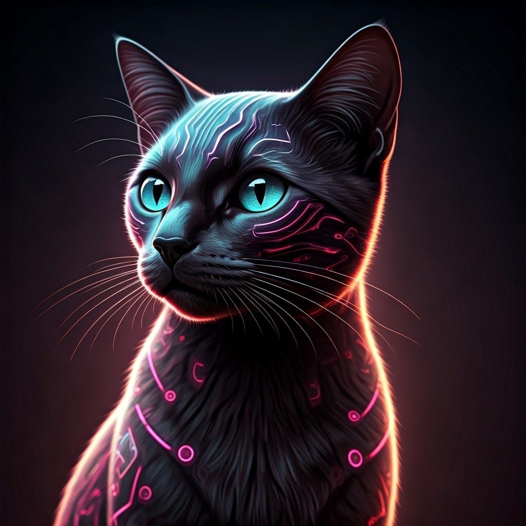 Cybernetic Cat with Neon Circuitry