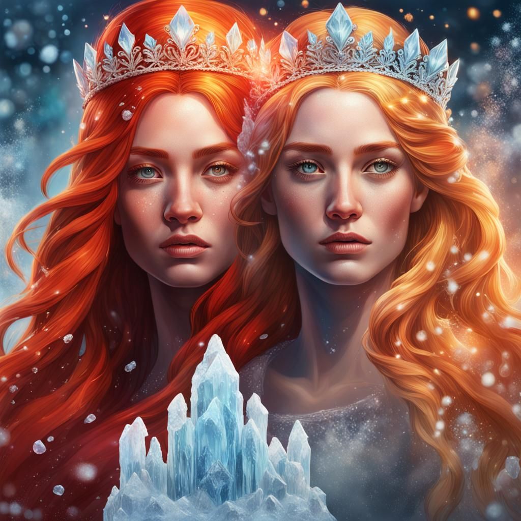 Hyperrealistic Ice and Fire Women with Tiaras
