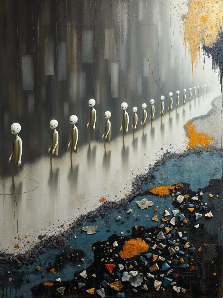 Abstract Oil Painting of Floating Humanoid Forms