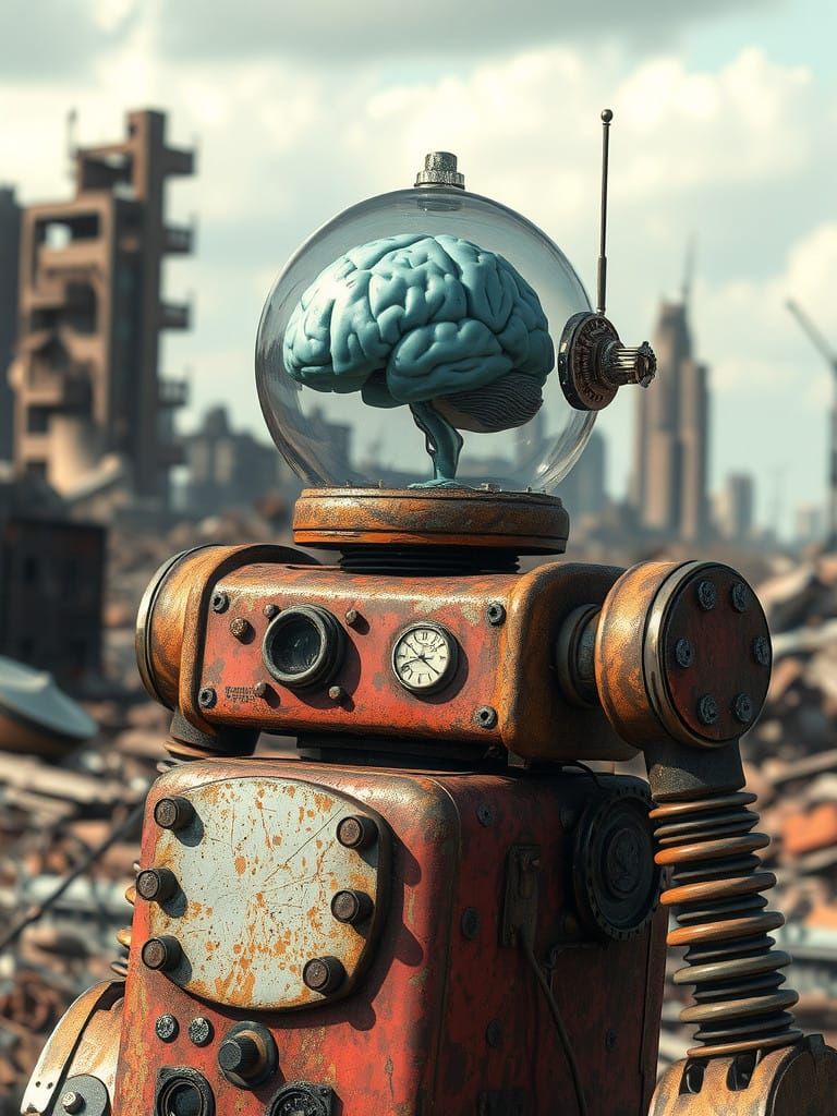 Rusty Retrofuturistic Robot Reborn in Postapocalyptic Wastes