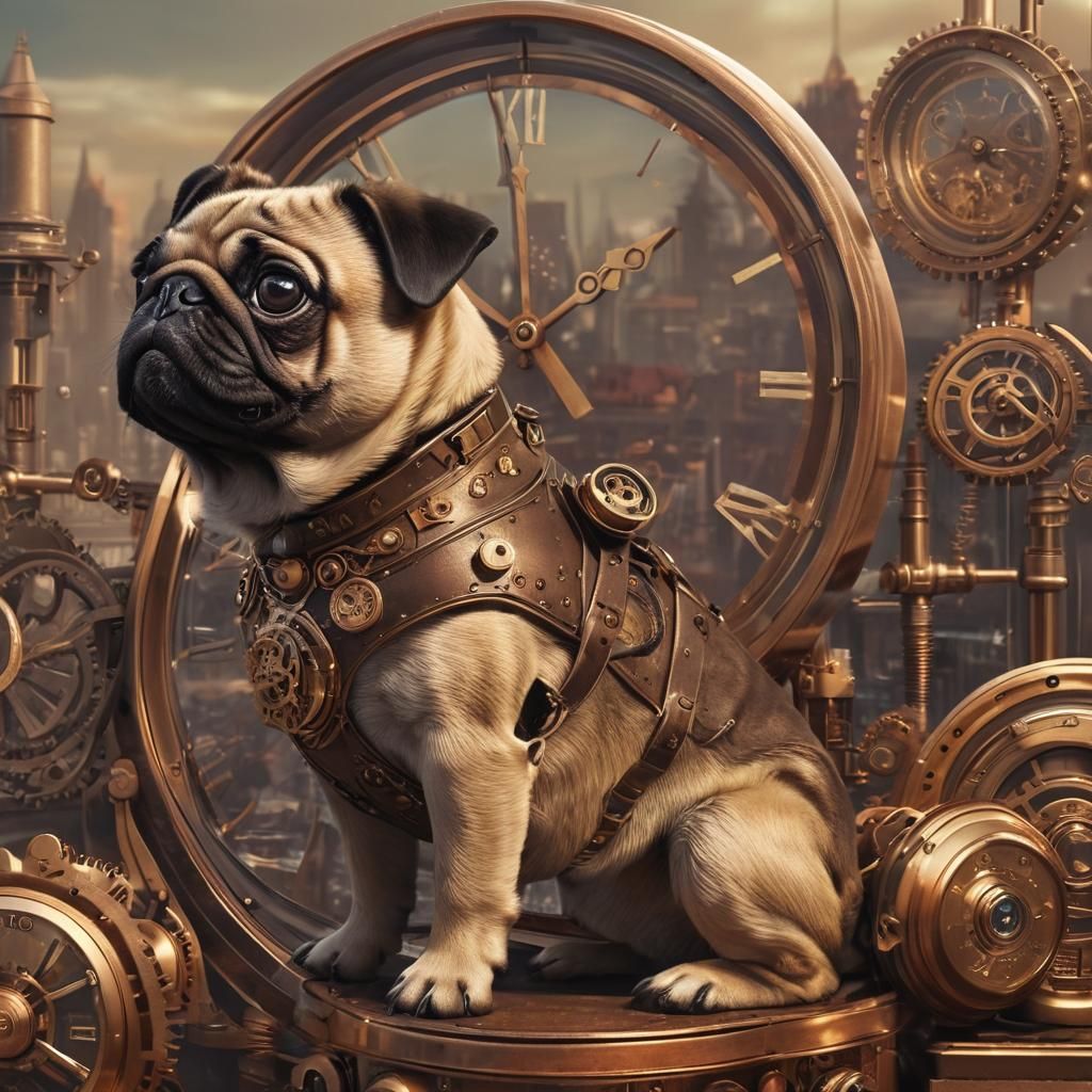 Steampunk Clockwork Pug in Futuristic Metropolis
