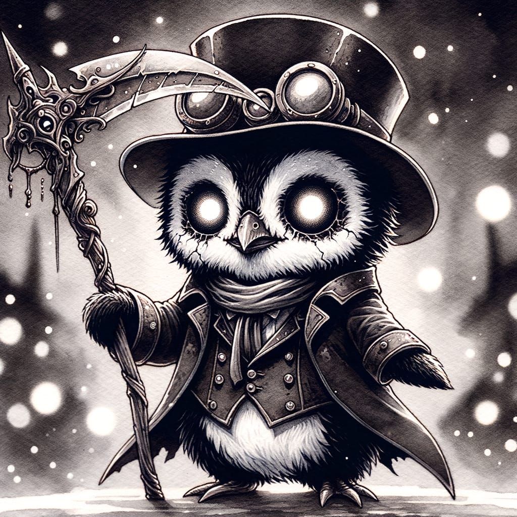 Steampunk Undead Penguin Reaper in Chibi Watercolor Style