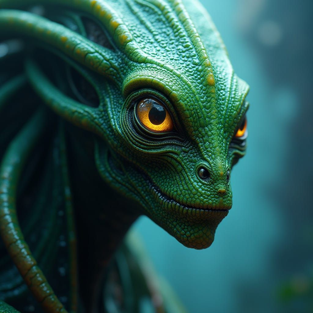 Vibrant Green Alien in Ethereal Vortex