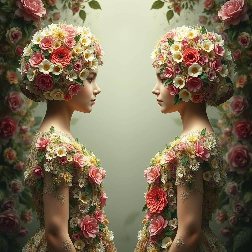 Floral Symmetry: Two Girls in a Surreal Garden