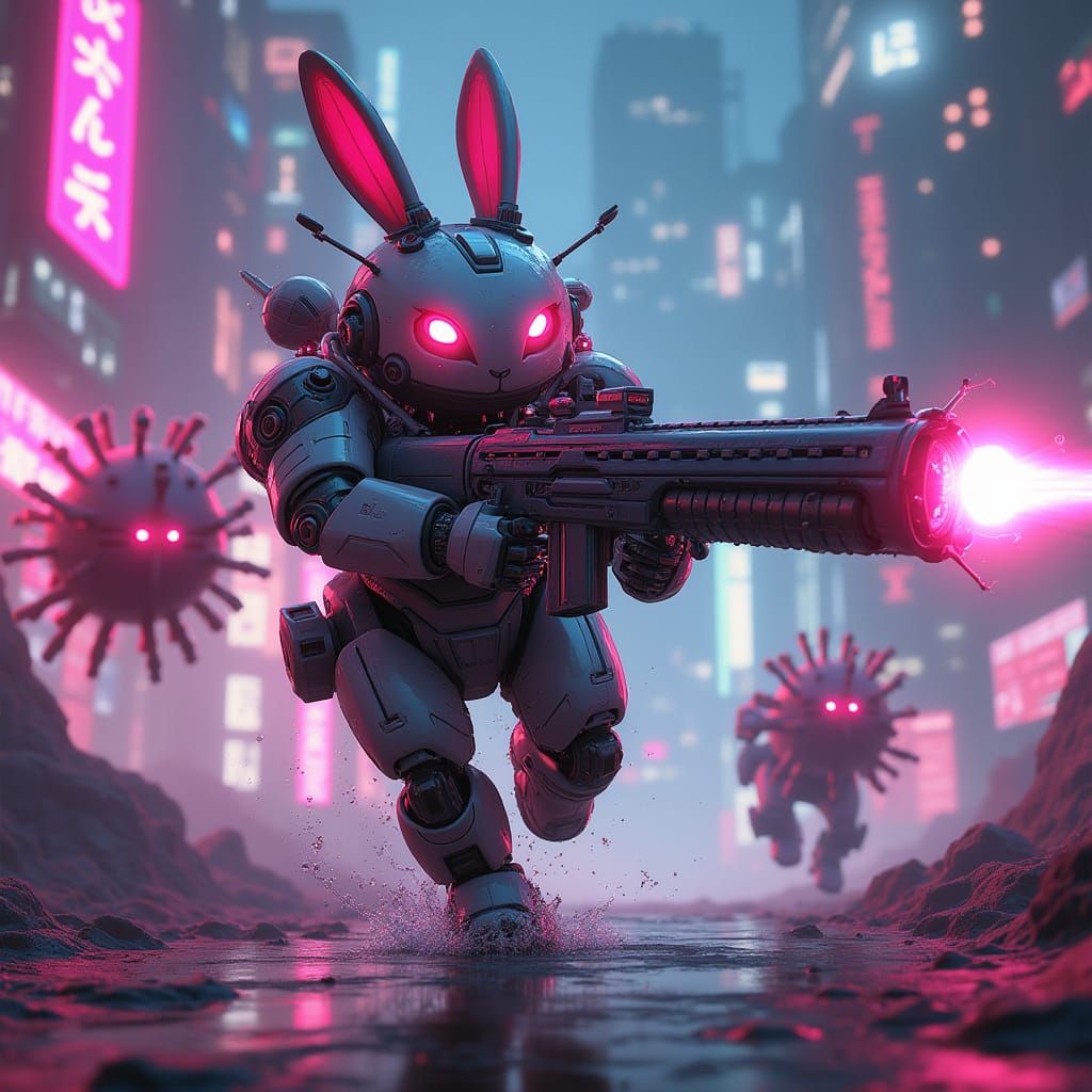 Mecha-Bunny Battles Giant Virus Monsters in Neon Cyber City