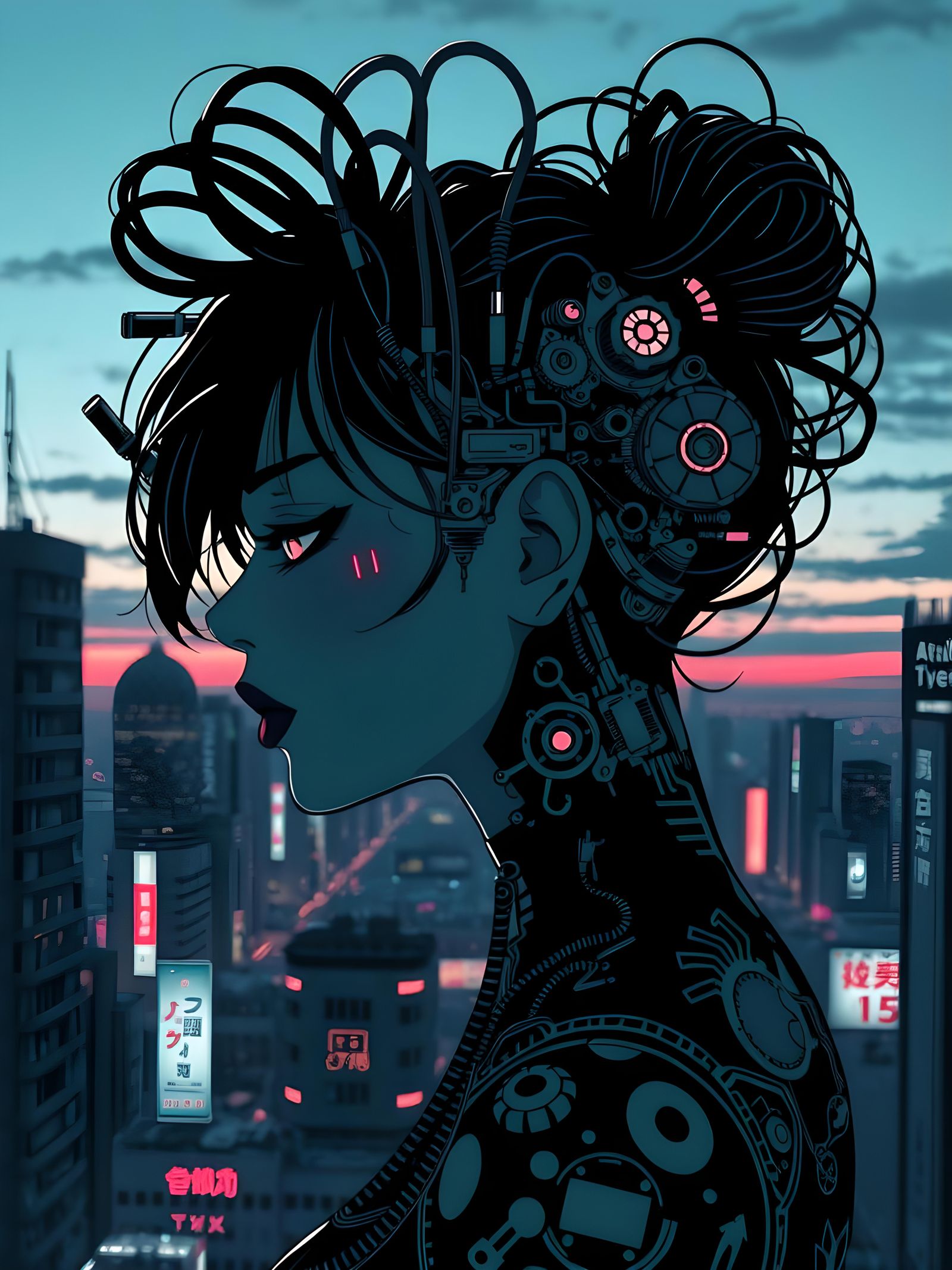Cyberpunk Anime Woman Portrait in Black and White