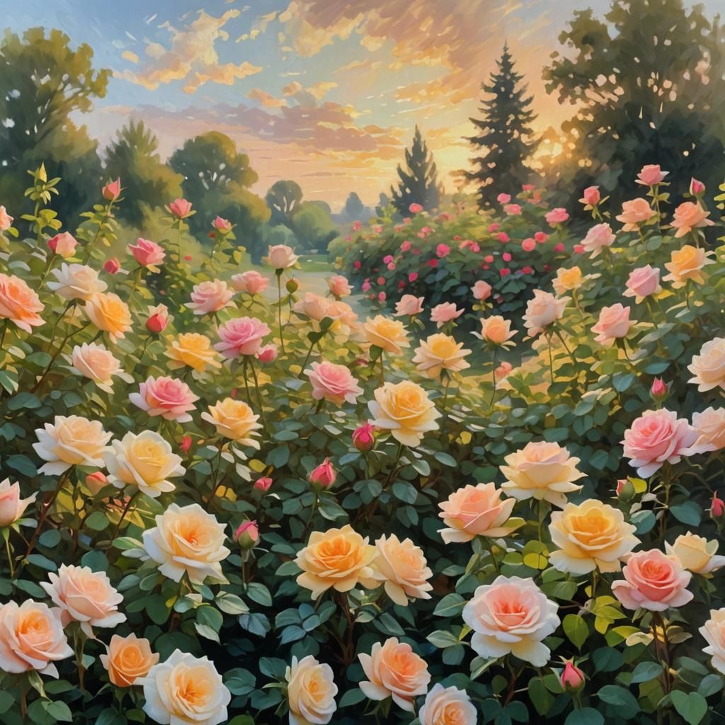 Impressionist Rose Garden Painting in Soft Morning Light
