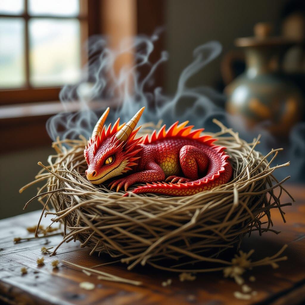 Miniature Crimson Dragon in Hyperrealistic Style