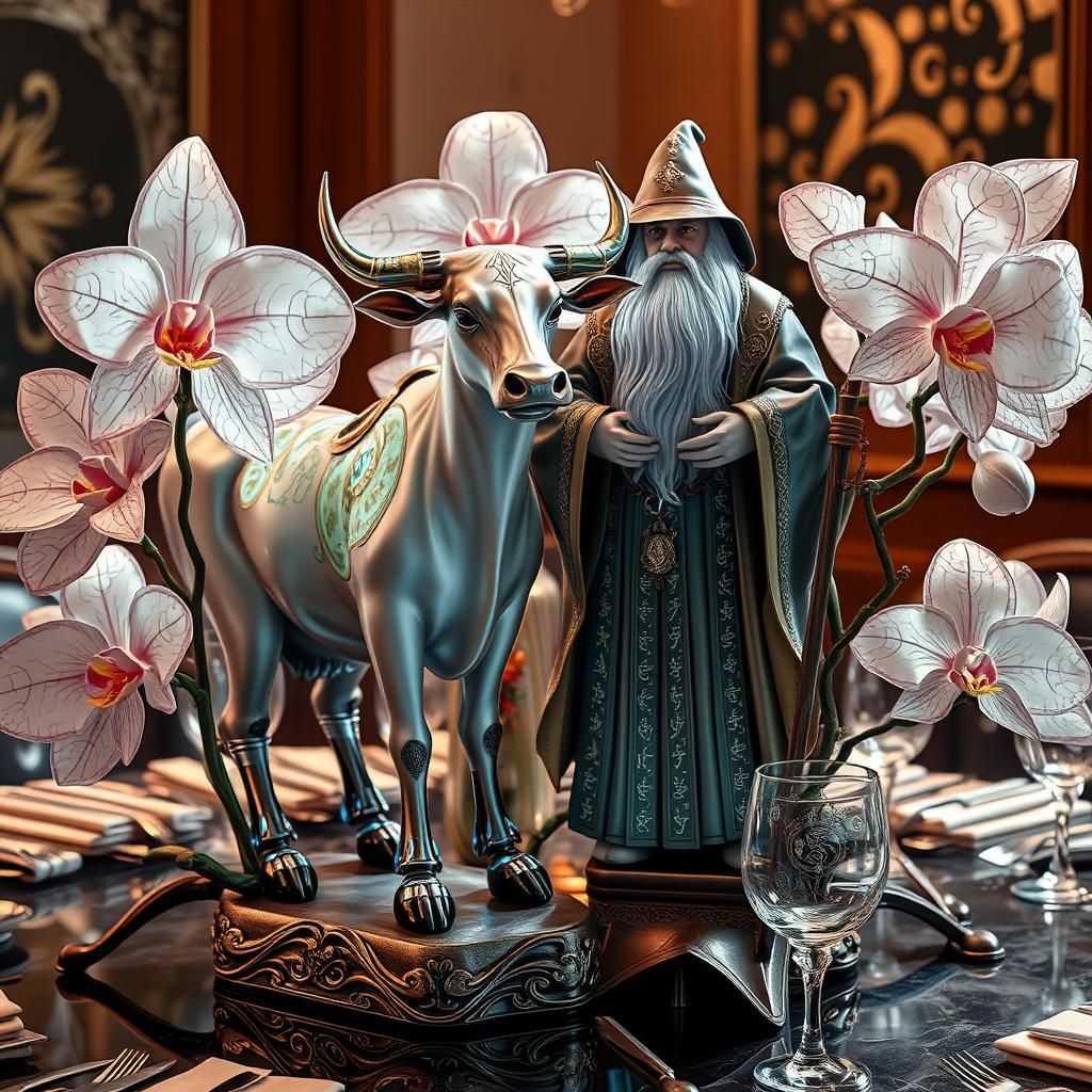 Futuristic Cow and Wizard with Glass Orchids