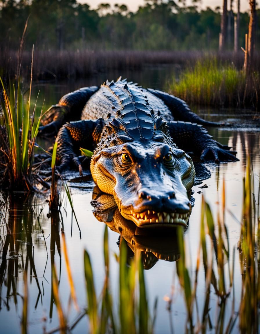 Alligator in Florida Swamp at Dusk