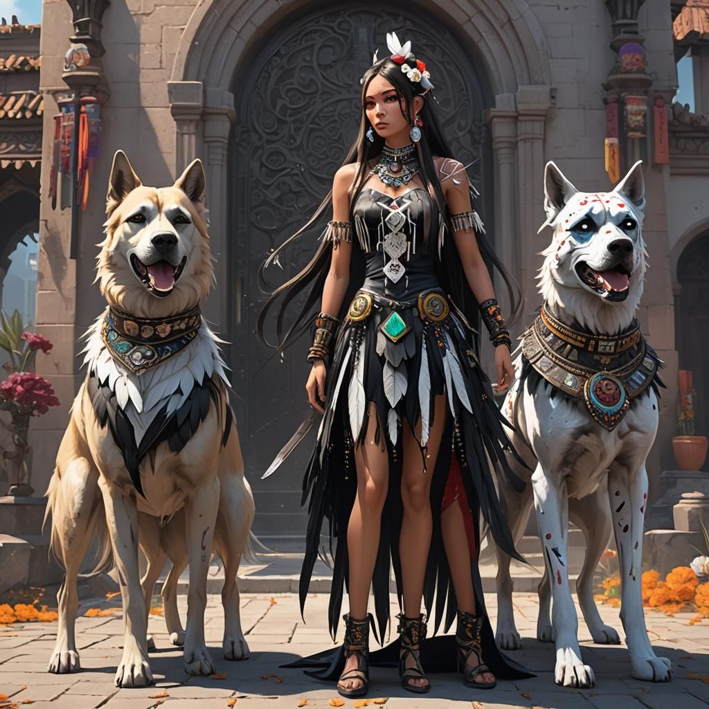 Native American Model with Guard Dogs in Anime Style