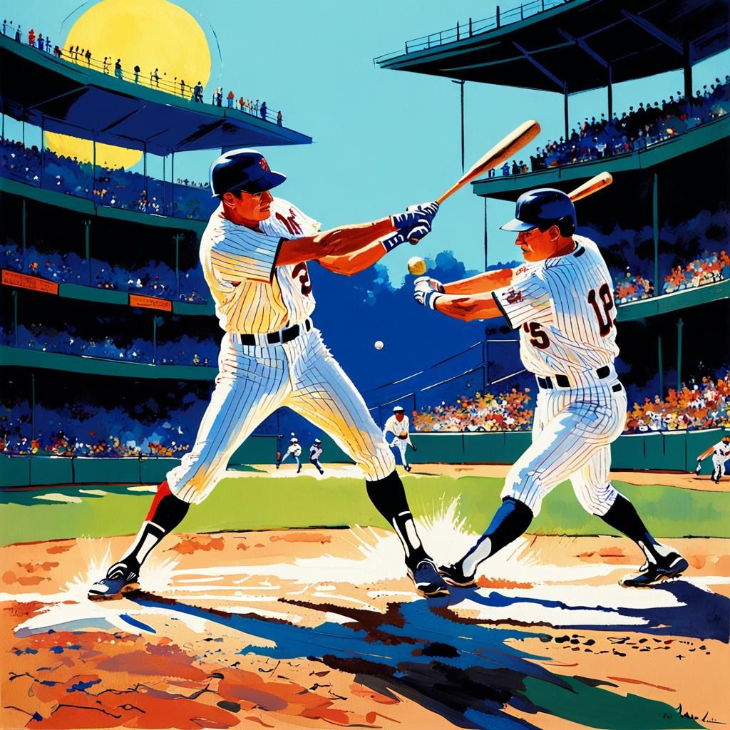 Art by Leroy Neiman, dynamic baseball action, batter mid-swi...
