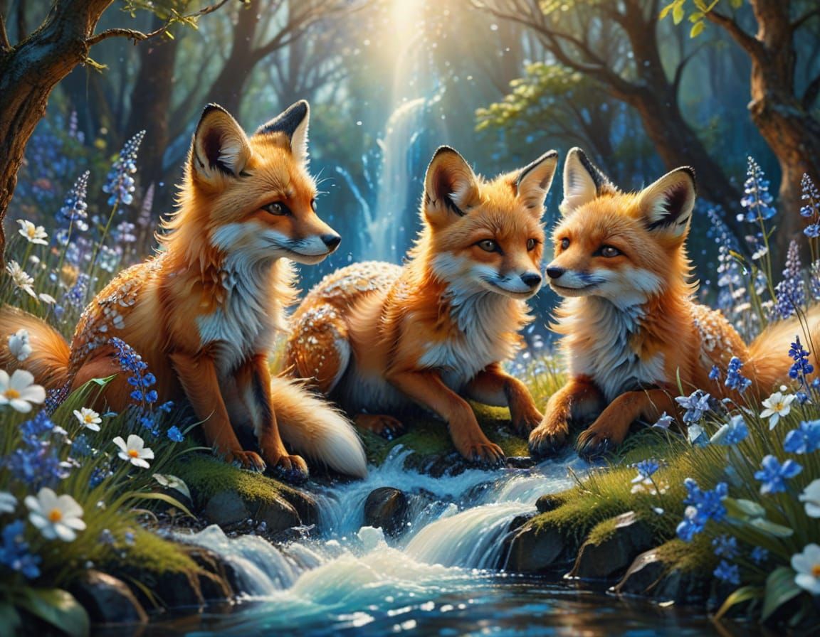 Whimsical Watercolor Foxes in Forest Clearing