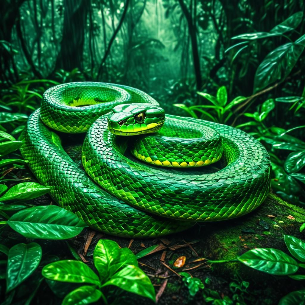 Giant Green Snake in Hyperrealistic Rainforest