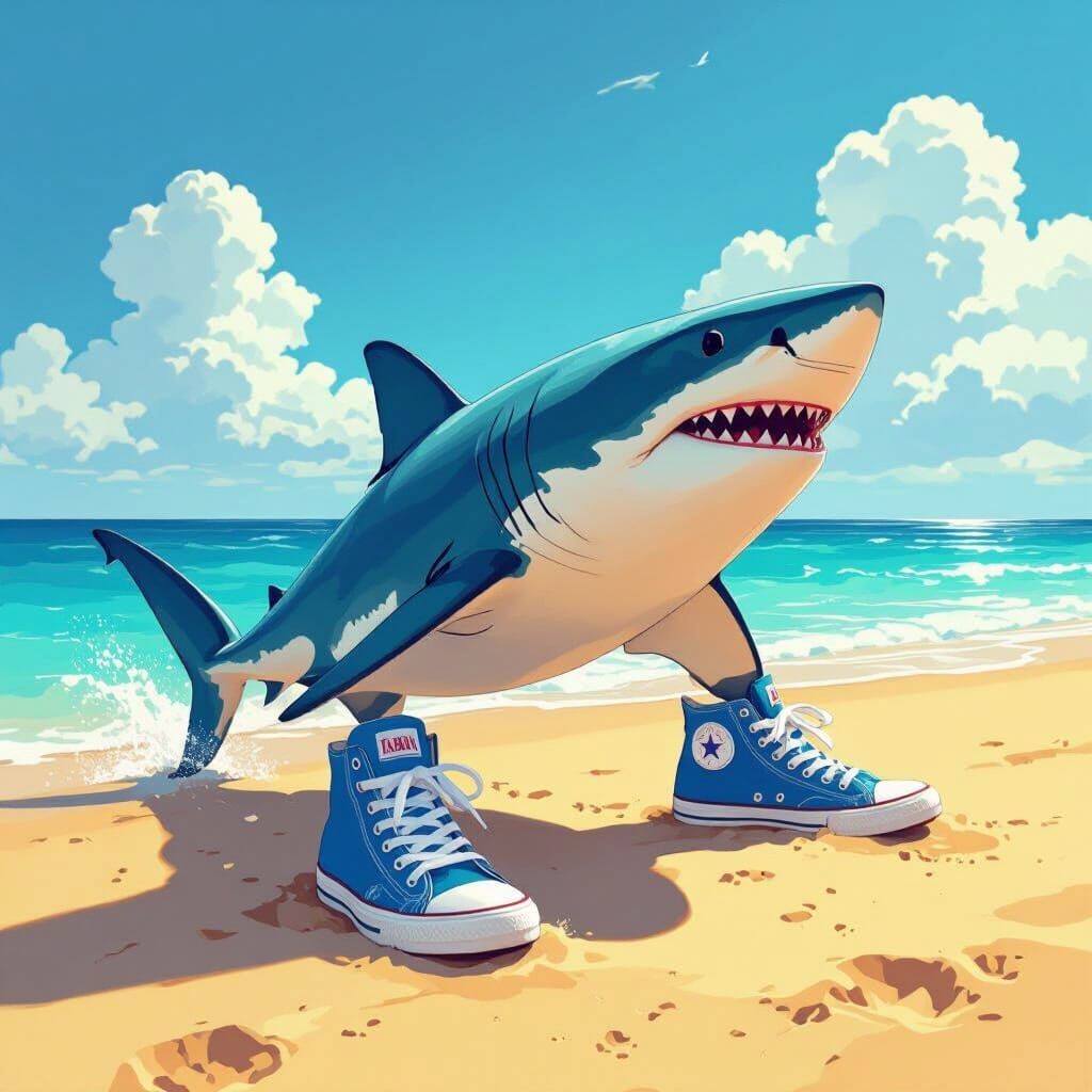 Shark with Blue Sneakers on Sunny Beach