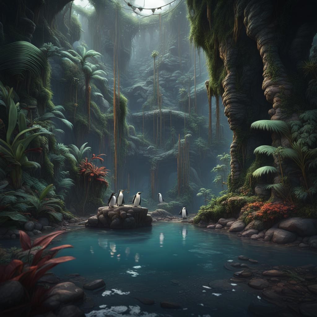 Penguin in a Fantastical Jungle Landscape