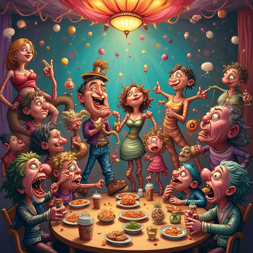 Surreal Cartoon Party Scene with Exaggerated Characters