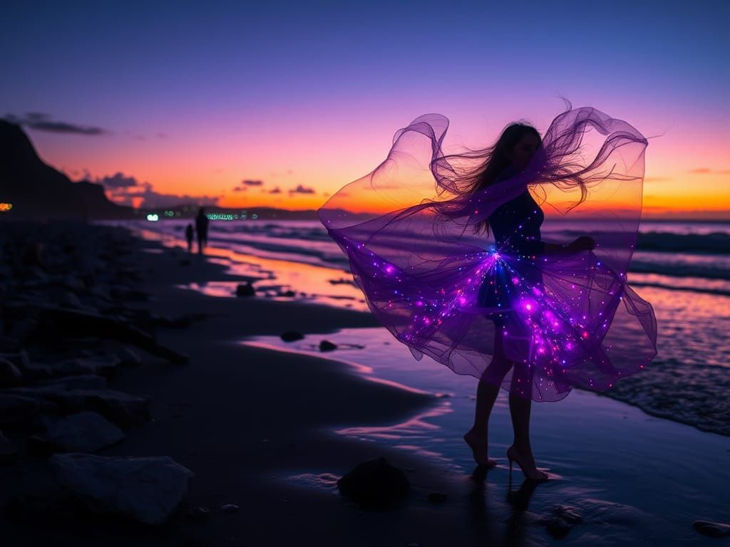 glowing curly polychrome glass reflection refraction whirlingtons on the beach at night salt-spray magnitude sky-high ov...
