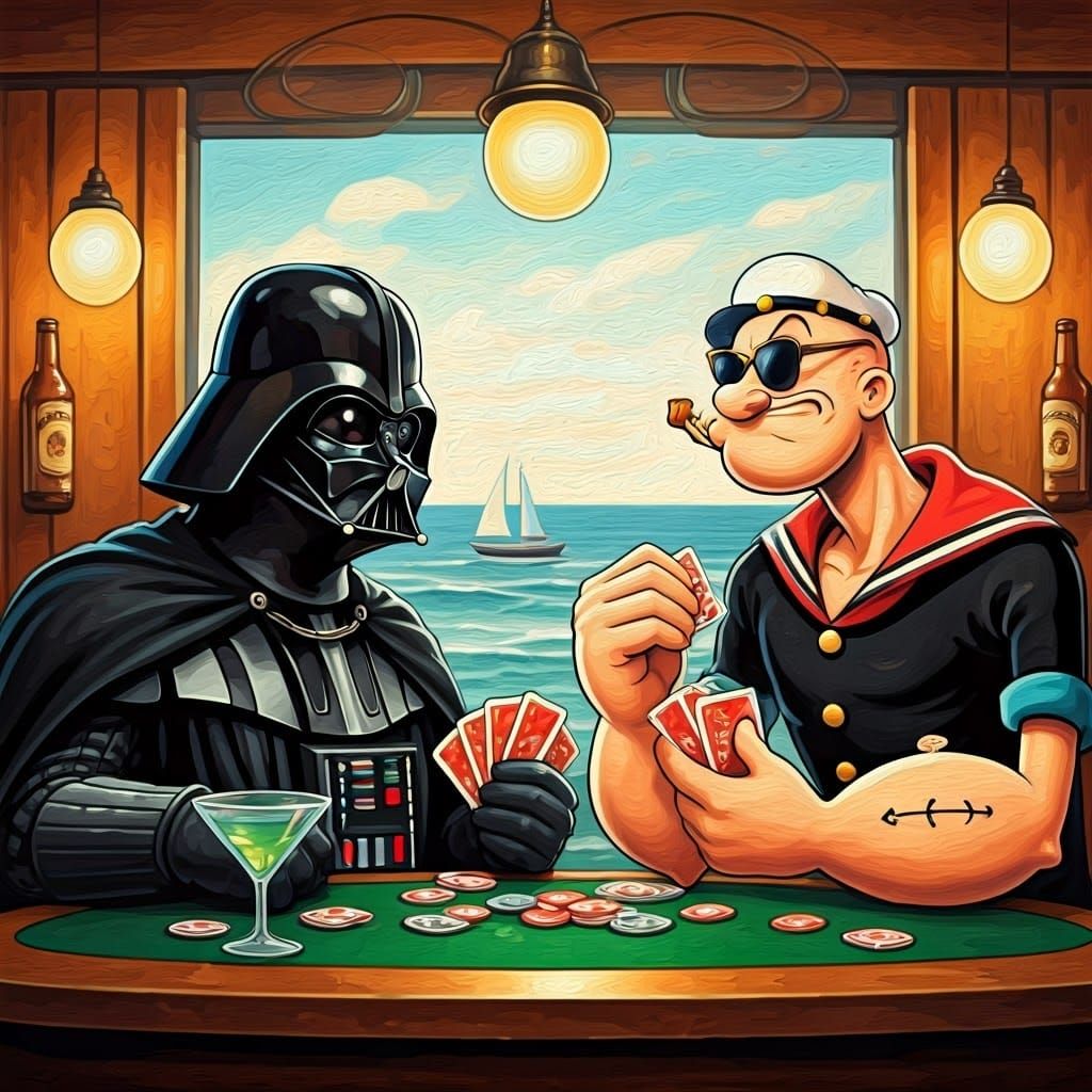 Darth Vader and Popeye Engage in Retro Poker Showdown