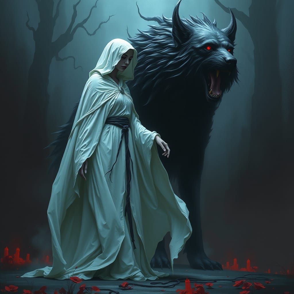 Female Grim Reaper with Ghost Dog, Digital Painting