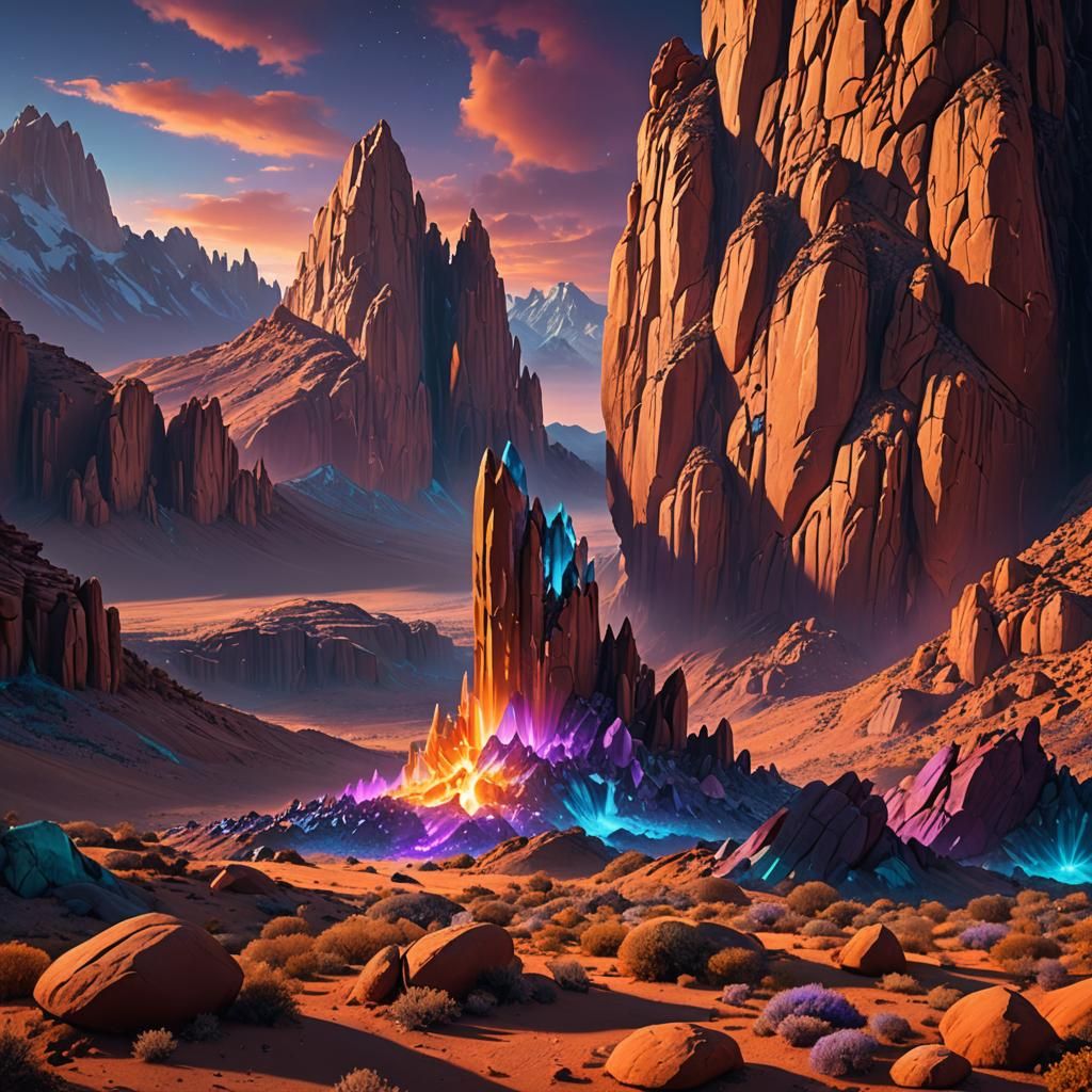 Crystalline Monolith in Desert Mountains, Fantasy Concept Ar...