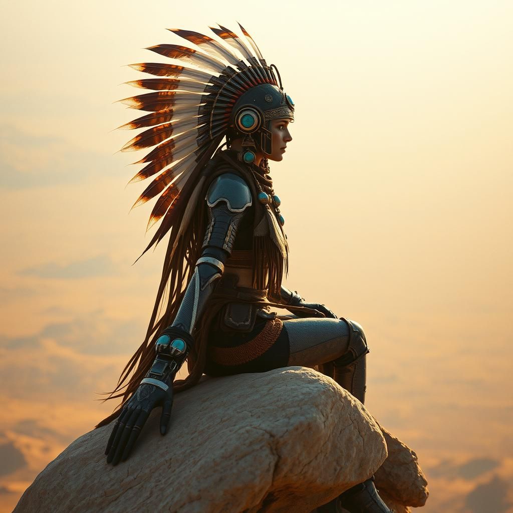 Robot Native American Woman in Golden Light