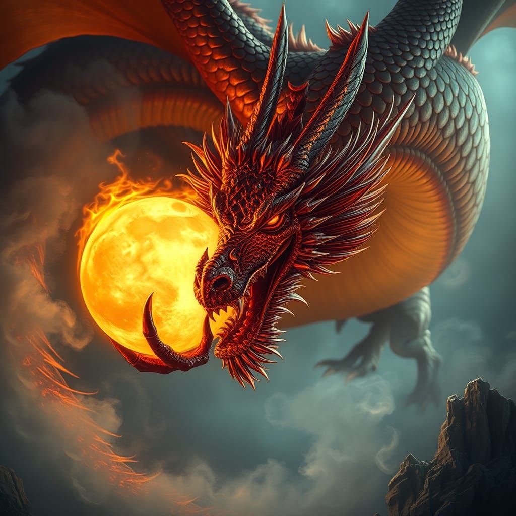 Fire Dragon Steals Moon in Dreamy Landscape