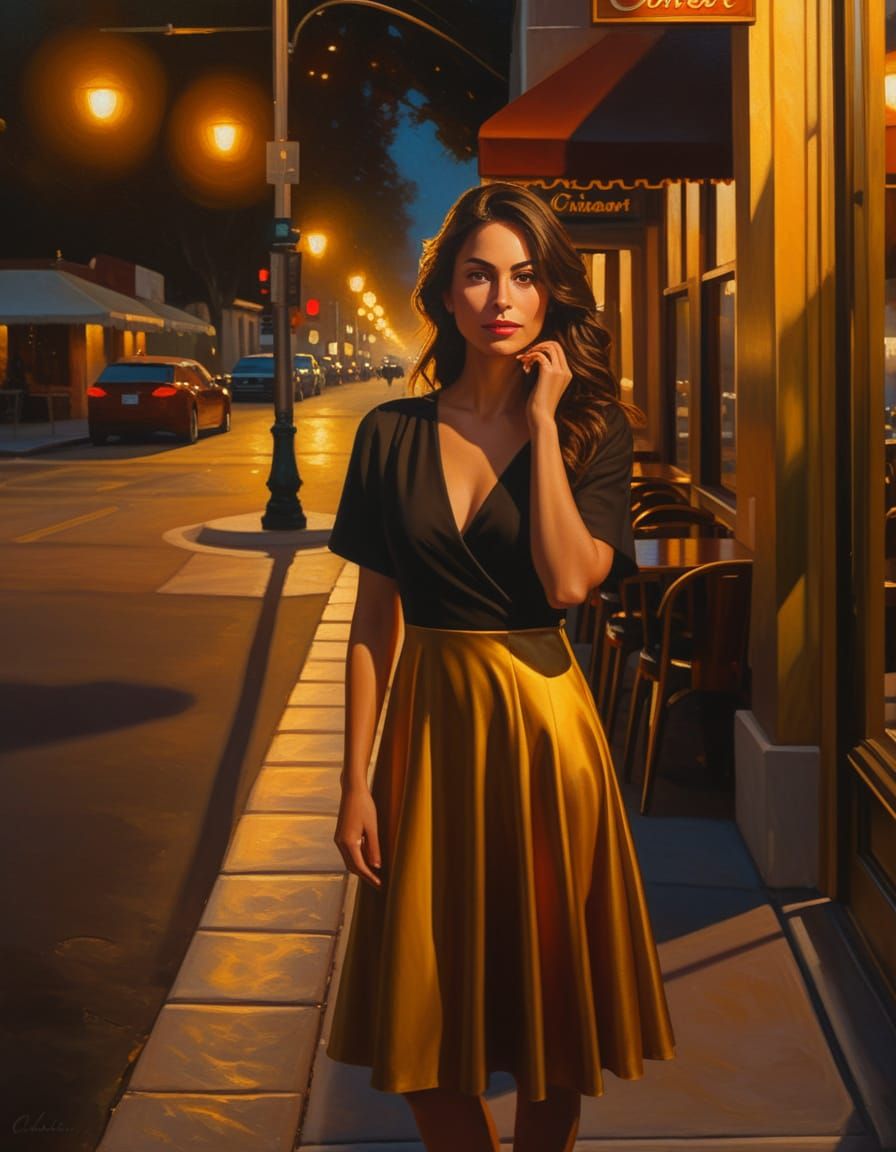 Woman on Street Corner in Warm Impressionism Style