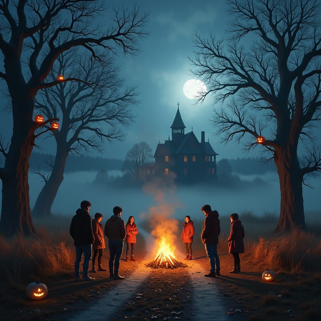 Misty Moonlit Rural Landscape in Autumn Evening