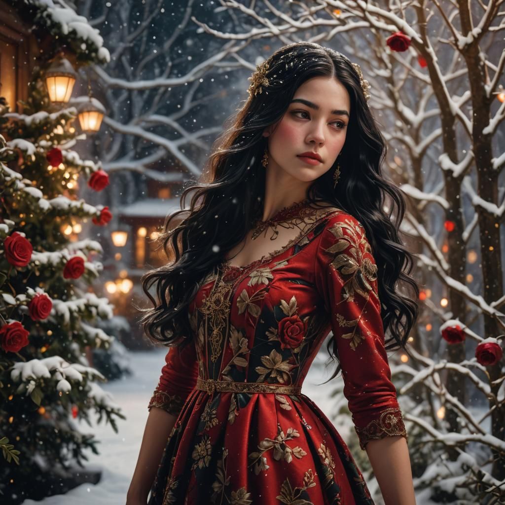 Art Nouveau Girl in Red Rose Dress Christmas Scene