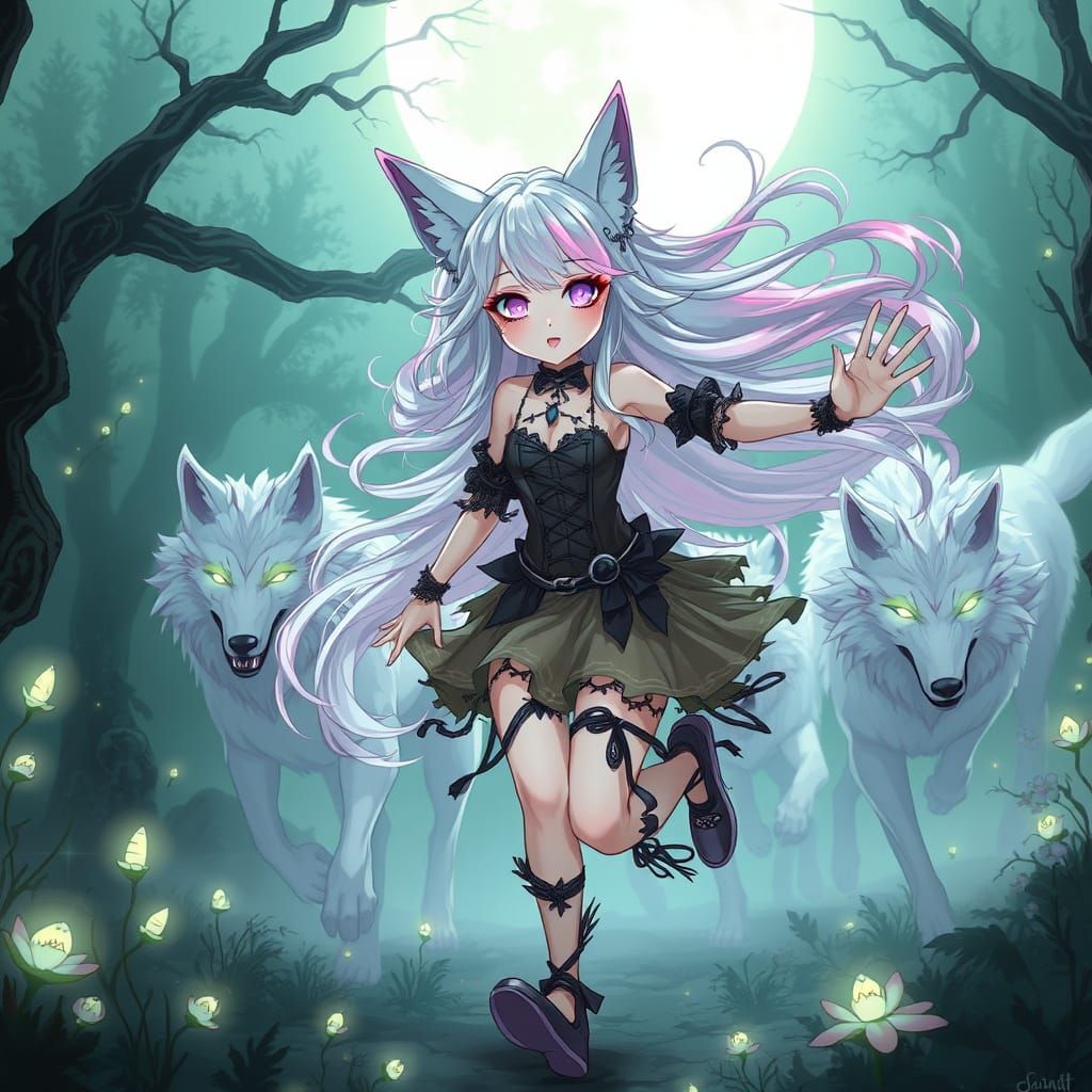 Anime Shapeshifter Running with Spectral Wolves