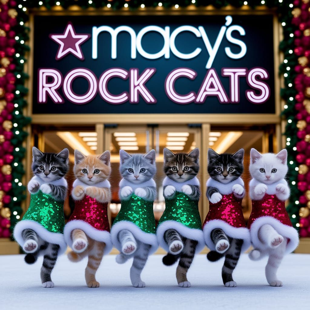 Whimsical NYC Rock Cats in Sparkling Christmas Dresses Perfo...