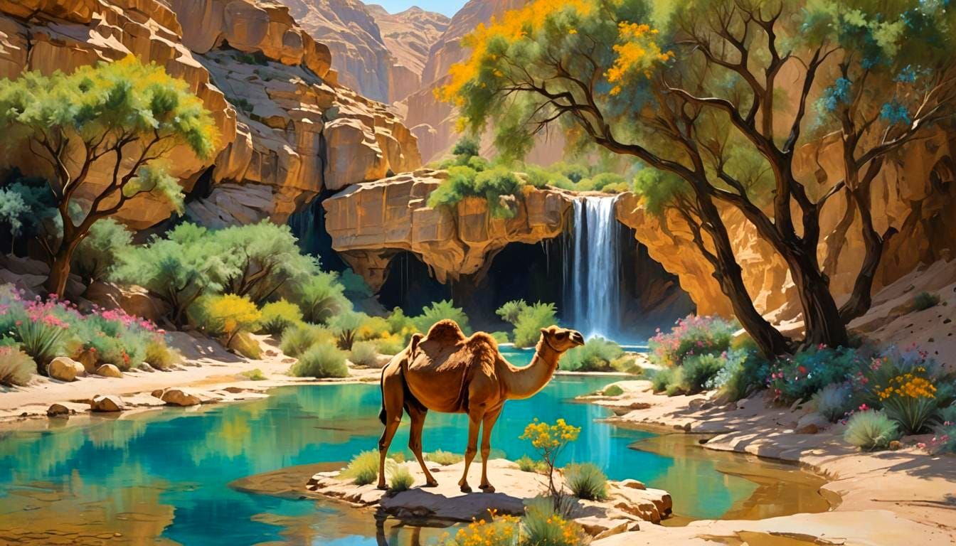 Ein Gedi Oasis: Impressionistic Camel by Waterfall