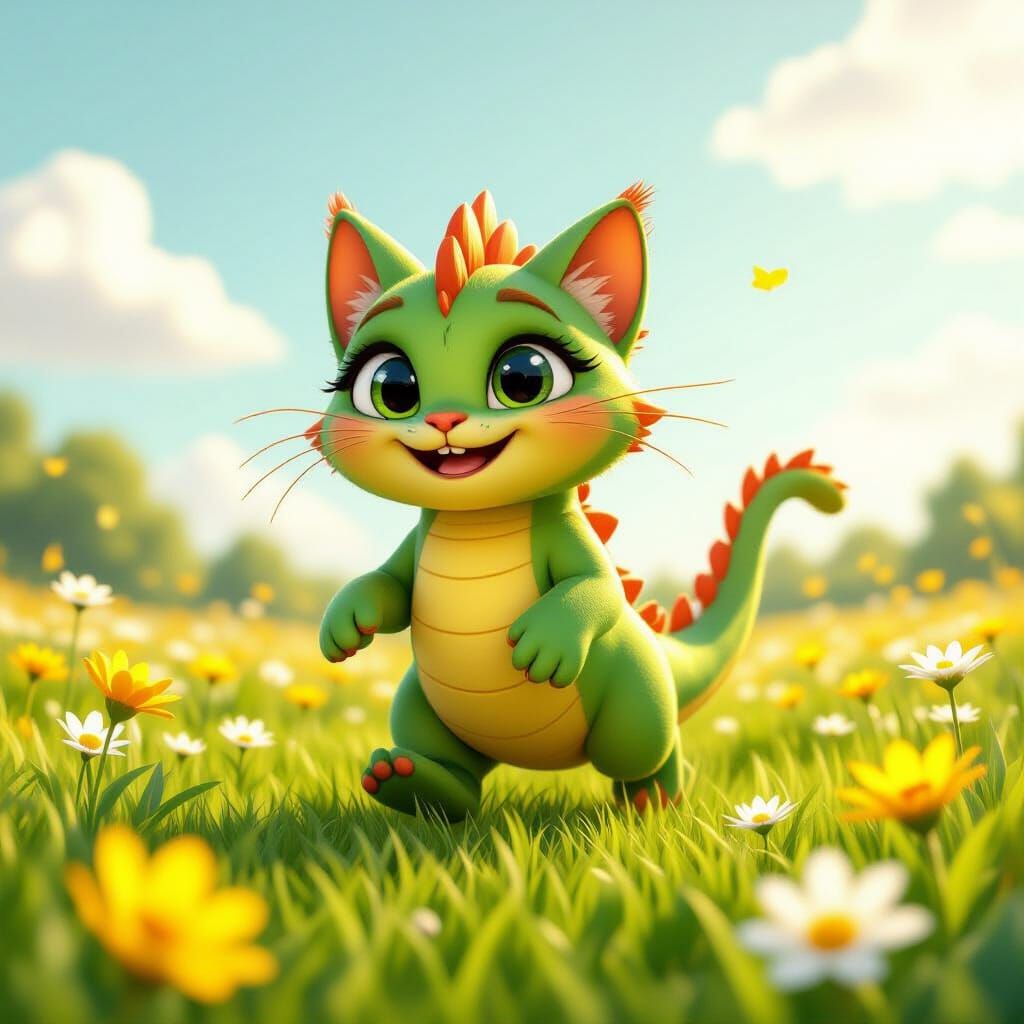 Friendly Green Dragon Cat in a Flower Field