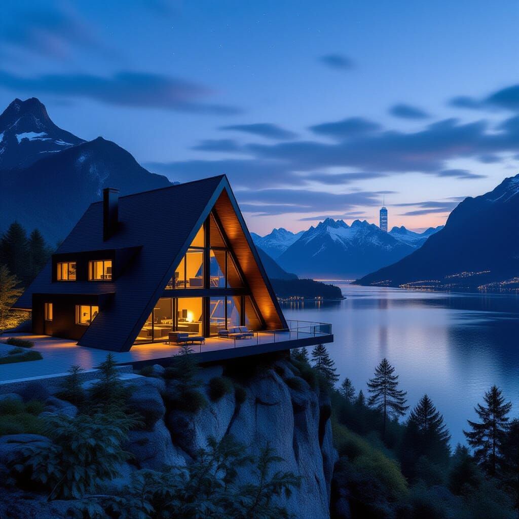 Cliffside A-Frame House at Dusk: Digital Painting