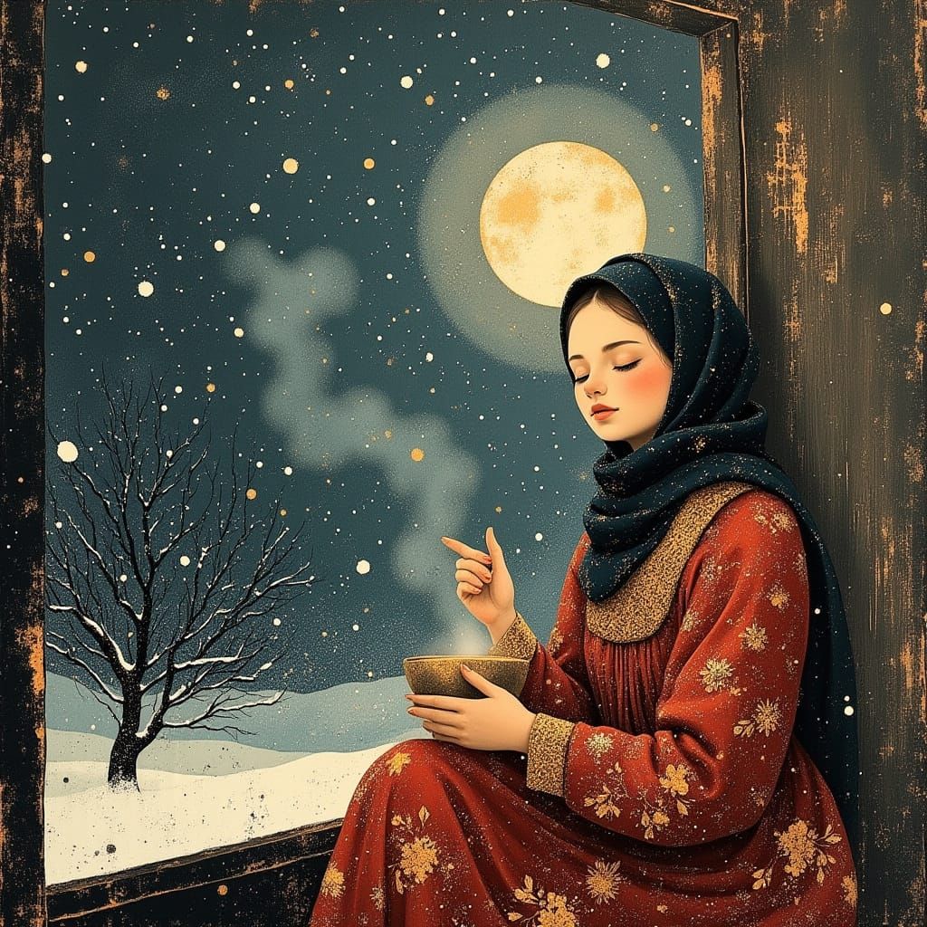 Russian Woman Contemplating Snowy Evening by Window