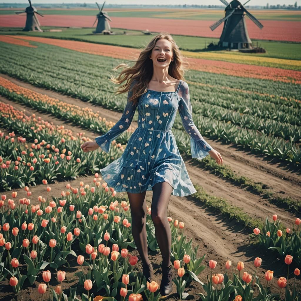 Dutch Woman Dancing in Tulip Field: Cinematic Film Still