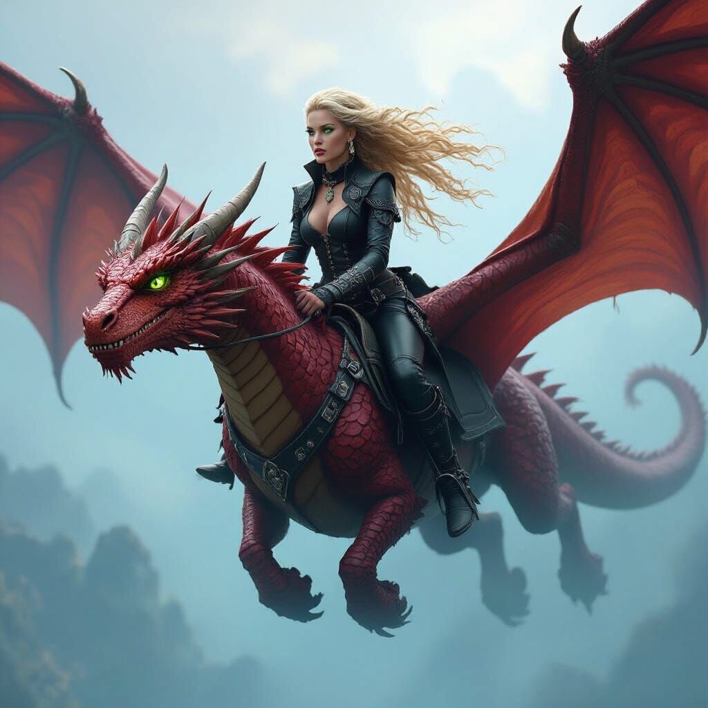 Woman Riding a Red Dragon in Misty Blue Sky