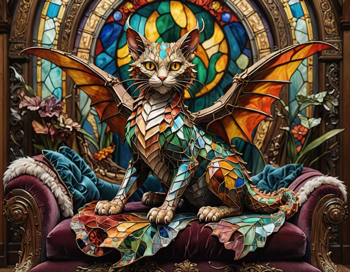 Stained Glass Dragon Cat on Velvet Couch
