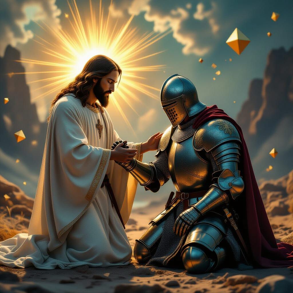 Jesus Comforts Knight Templar in Surreal 3D Art