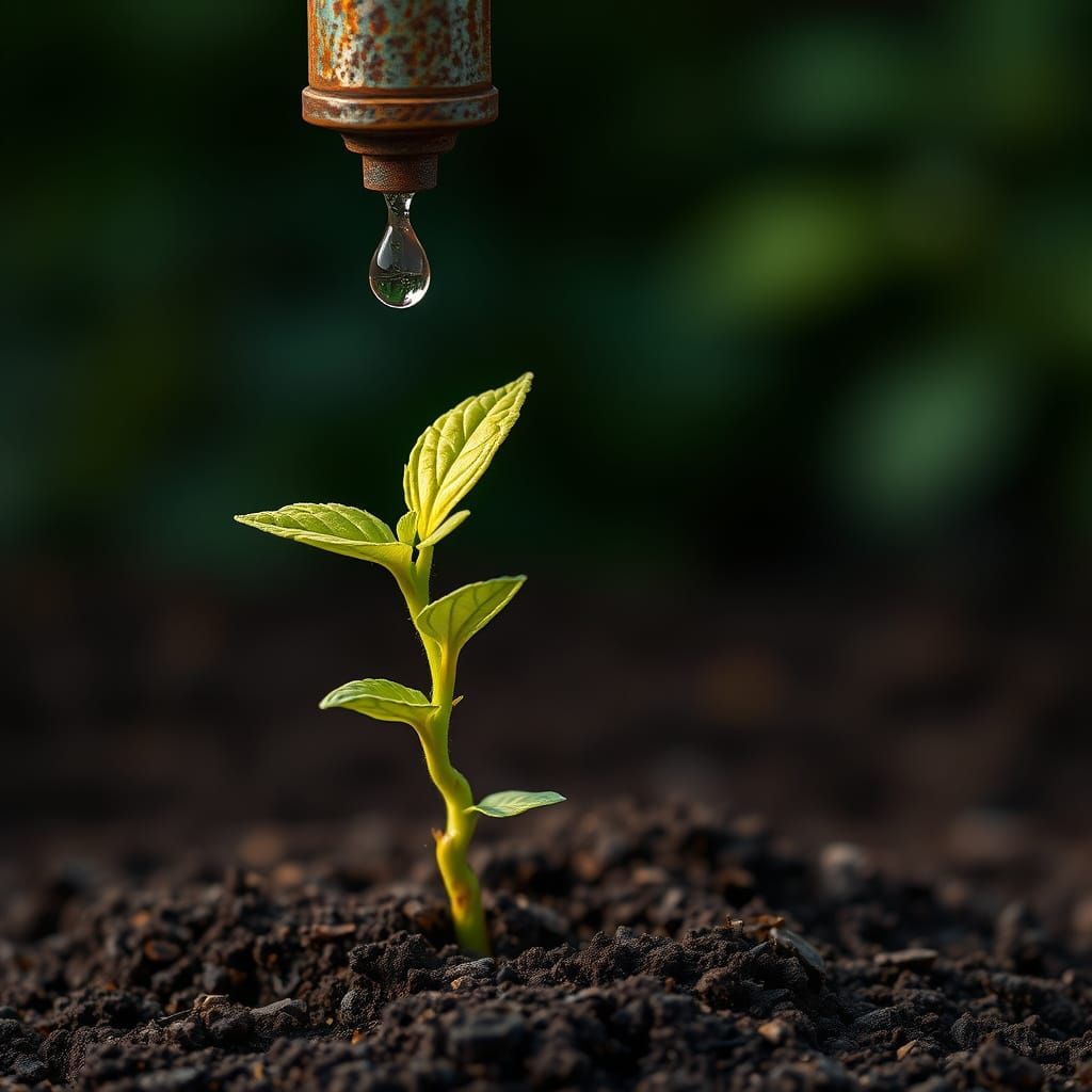 Vibrant Green Plant Emerges from Dark Soil, Beside Rusty Pip...