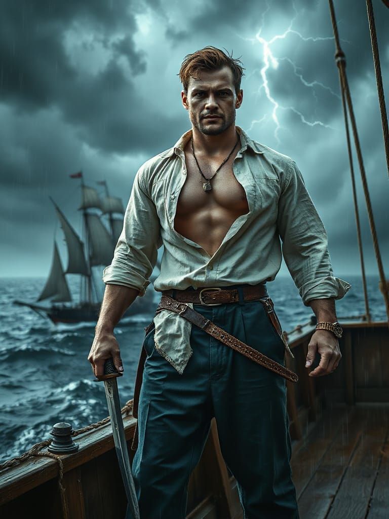 Muscular Warrior on Stormy Seas with Scimitar