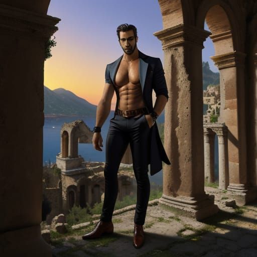 Italian barely dressed hunky male posing in the ruins of Tao...
