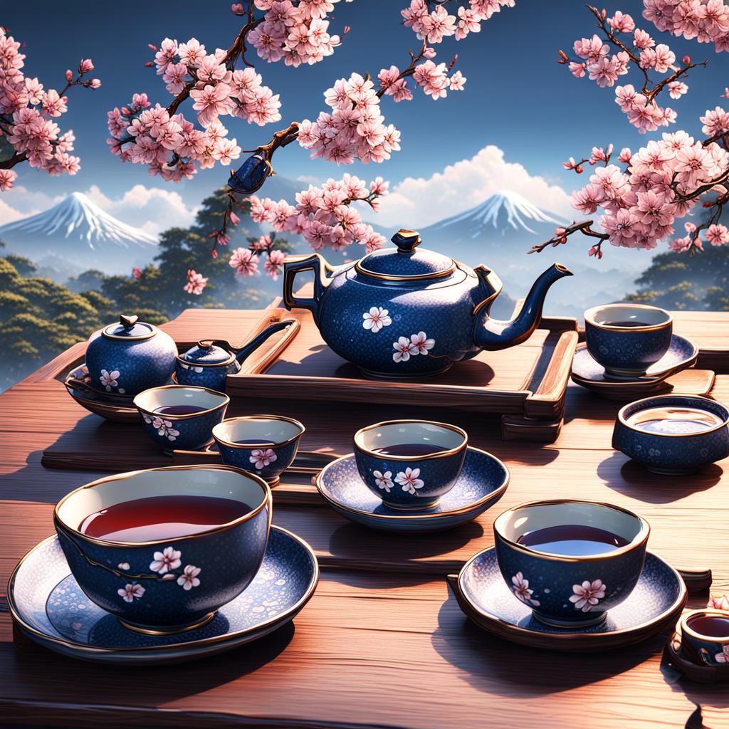 Japanese Tea Set with Cherry Blossoms: Detailed Matte Painti...