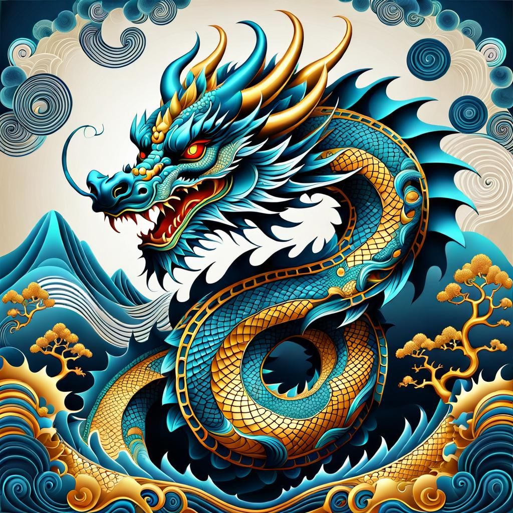 Chinese Dragon with Abstract Fractal and Zentangle Design