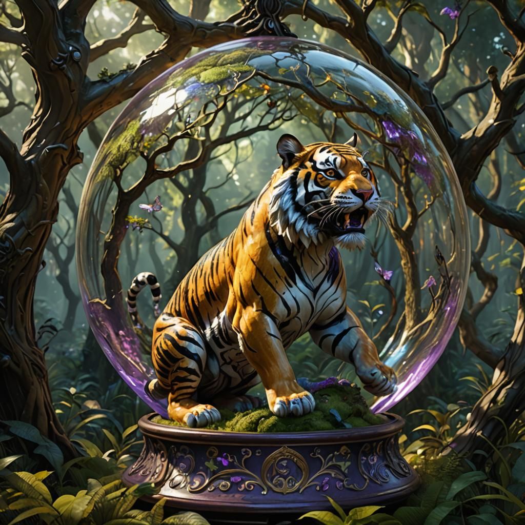 Tiger Growling in Glass Orb, Dark Fantasy Art