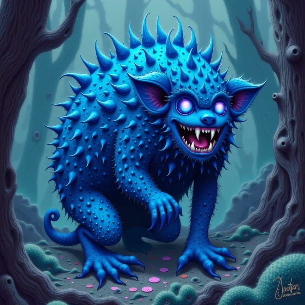 Fierce Blue-Indigo Monster in Expressive Style
