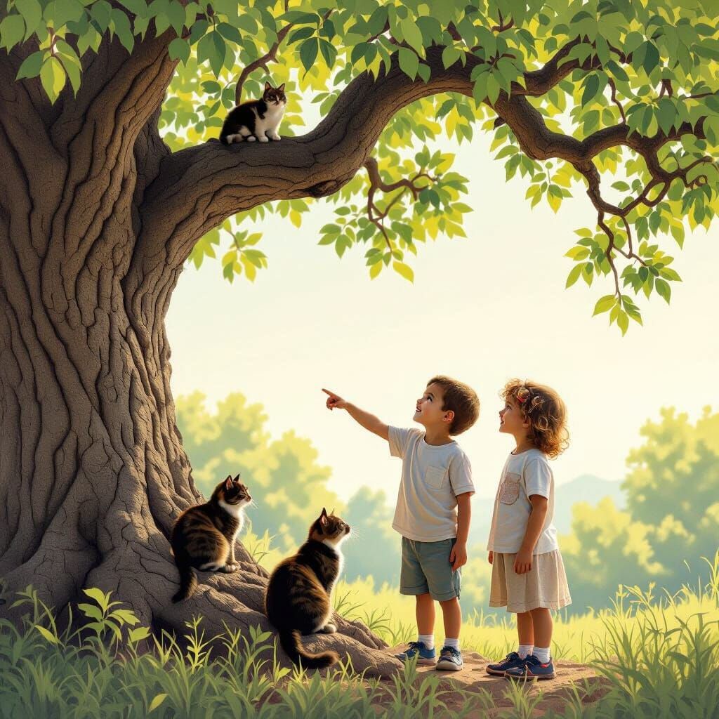 Children Admire Cat in Tree, Documentary Style