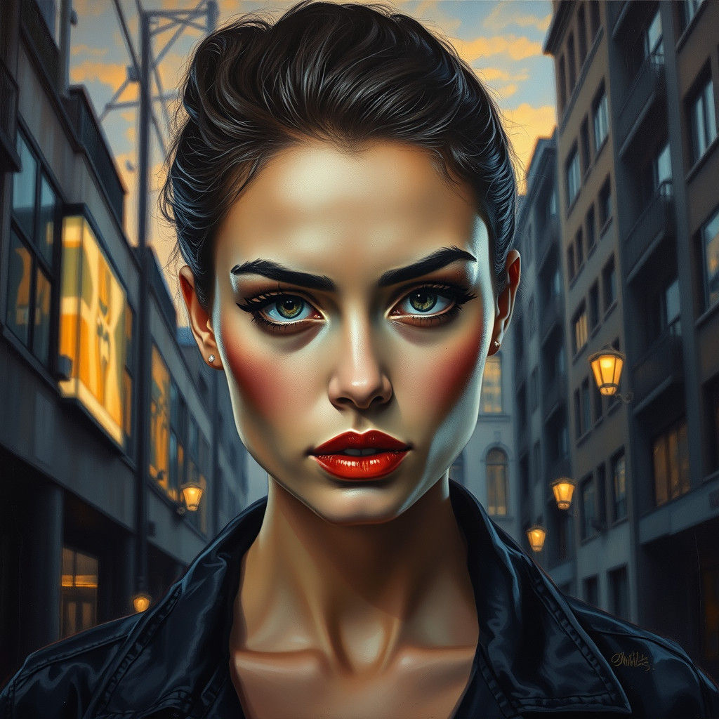 Captivating Model in Urban Twilight: Oil Painting