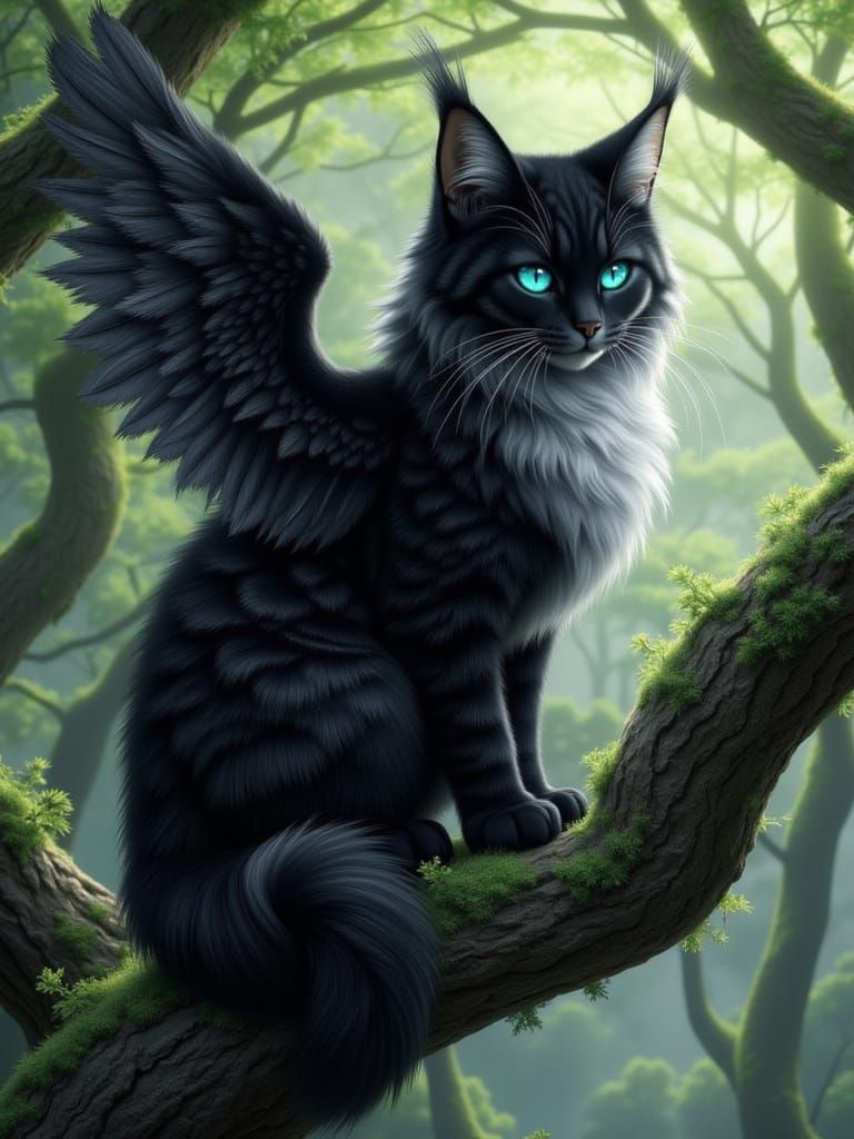 Fantasy Cat with Wings in Enchanted Forest